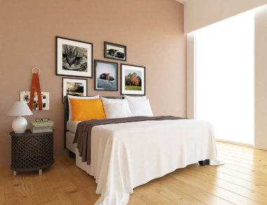 İskandinav oturma odası iç yatak ve çerçeveleri ve ahşap zemin düşüncesi. Ev nordic iç. 3D çizim 