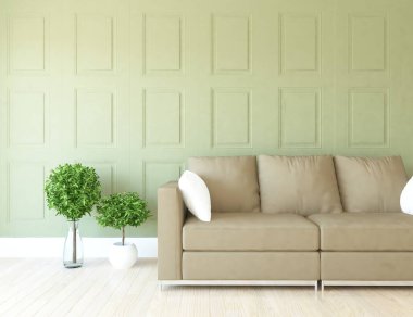 Bir beyaz İskandinav oturma odası iç kanepe, bitkiler ve ahşap zemin ile fikir. Ev nordic iç. 3D çizim 