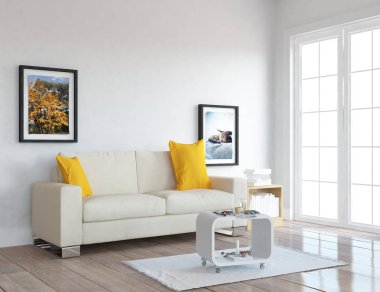 Bir İskandinav oturma odası iç kanepe ve ahşap zemin ve dekor ile fikir. Ev nordic iç. 3D çizim - illüstrasyon