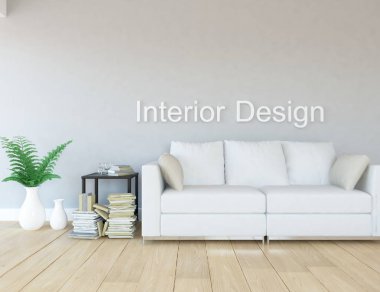 Bir beyaz İskandinav oturma odası iç kanepe ve bitki ile fikir. Ev nordic iç. 3D çizim 