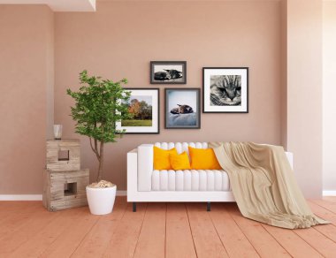 Bir beyaz İskandinav oturma odası iç kanepe ve bitki ile fikir. Ev nordic iç. 3D çizim 