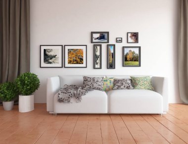 Bir beyaz İskandinav oturma odası iç kanepe, bitkiler ve ahşap zemin ile fikir. Ev nordic iç. 3D çizim 