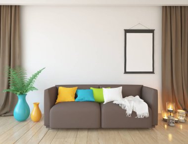 Bir beyaz İskandinav oturma odası iç kanepe ve bitki ile fikir. Ev nordic iç. 3D çizim 