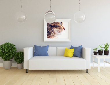 Bir beyaz İskandinav oturma odası iç kanepe, bitkiler ve ahşap zemin ile fikir. Ev nordic iç. 3D çizim 