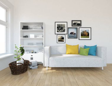 Bir beyaz İskandinav oturma odası iç kanepe, bitkiler ve ahşap zemin ile fikir. Ev nordic iç. 3D çizim 