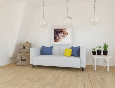 Bir beyaz İskandinav oturma odası iç kanepe, bitkiler ve ahşap zemin ile fikir. Ev nordic iç. 3D çizim 