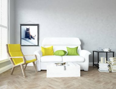 Bir İskandinav oturma odası iç kanepe ve ahşap zemin ve dekor ile fikir. Ev nordic iç. 3D çizim - illüstrasyon