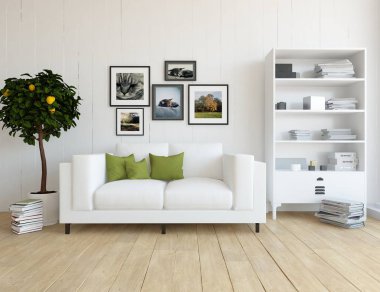 Bir beyaz İskandinav oturma odası iç kanepe ve bitki ile fikir. Ev nordic iç. 3D çizim 