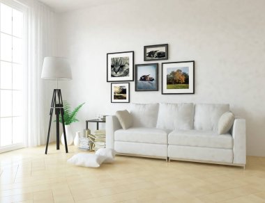 Bir beyaz İskandinav oturma odası iç kanepe ve bitki ile fikir. Ev nordic iç. 3D çizim 