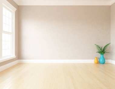 Boş İskandinav odası iç ahşap zemin ile fikir. Ev nordic iç. 3D çizim - illüstrasyon