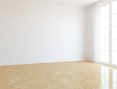 Beyaz Oda iç pencere. İskandinav iç tasarım. 3D çizim