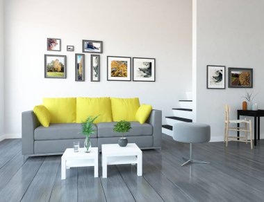 Bir beyaz İskandinav oturma odası iç kanepe, bitkiler ve ahşap zemin ile fikir. Ev nordic iç. 3D çizim 