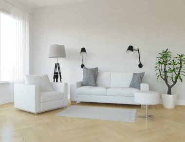 Bir beyaz İskandinav oturma odası iç kanepe ve bitki ile fikir. Ev nordic iç. 3D çizim 