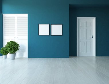 Boş İskandinav odası iç ahşap zemin üzerinde bitkiler ile fikir. Ev nordic iç. 3D çizim - illüstrasyon