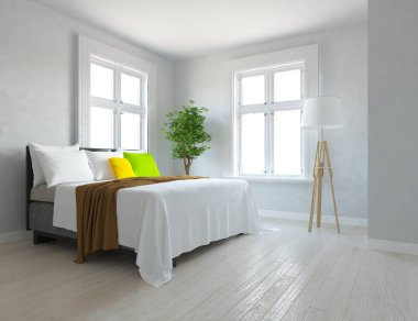 Bir beyaz İskandinav oturma odası iç yatak ve ahşap zemin düşüncesi. Ev nordic iç. 3D çizim 