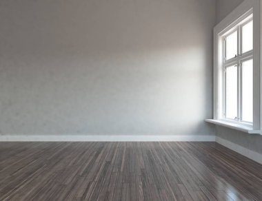 Beyaz Oda iç pencere. İskandinav iç tasarım. 3D çizim