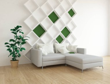 Bir beyaz İskandinav oturma odası iç kanepe ve bitki ile fikir. Ev nordic iç. 3D çizim 