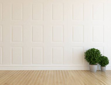 Boş İskandinav odası iç ahşap zemin üzerinde bitkiler ile fikir. Ev nordic iç. 3D çizim - illüstrasyon