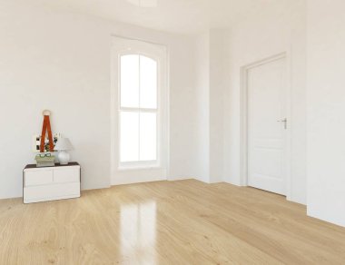 Boş İskandinav odası iç ahşap zemin üzerinde şifoniyer ile fikir. Ev nordic iç. 3D çizim