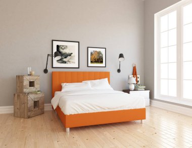 Bir beyaz İskandinav oturma odası iç yatak ve ahşap zemin düşüncesi. Ev nordic iç. 3D çizim 