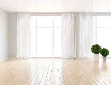 Boş İskandinav odası iç ahşap zemin üzerinde bitkiler ile fikir. Ev nordic iç. 3D çizim - illüstrasyon