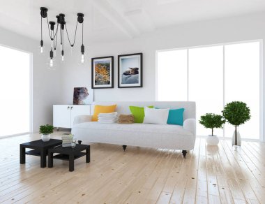 Bir İskandinav oturma odası iç kanepe, bitkiler ve ahşap zemin ile fikir. Ev nordic iç. 3D çizim 