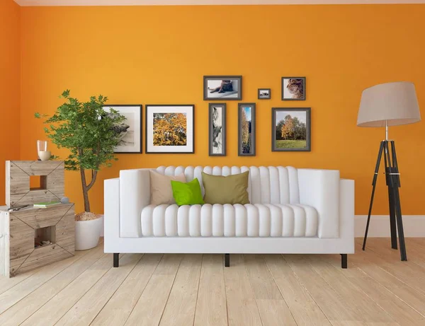 Idee Einer Skandinavischen Wohnzimmereinrichtung Mit Sofa Pflanze Und Holzboden Heimat — Stockfoto