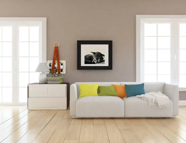 Ideia Uma Sala Estar Escandinava Interior Com Sofá Travesseiros Chão — Fotografia de Stock
