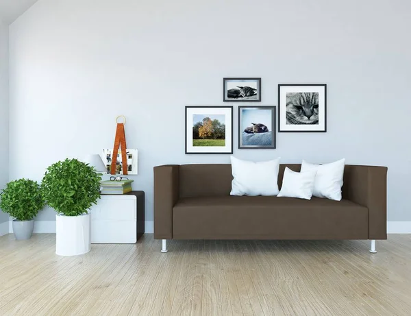 Ide Interior Ruang Tamu Skandinavia Dengan Sofa Tanaman Dan Lantai — Stok Foto