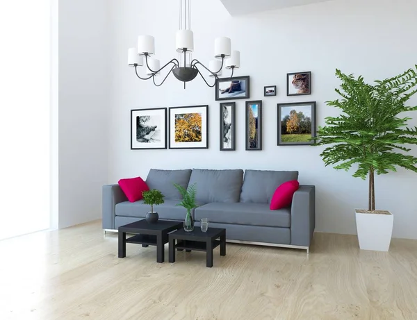 Skandináv Nappali Belső Kanapéval Növények Fából Készült Padló Gondolatát Otthoni — Stock Fotó