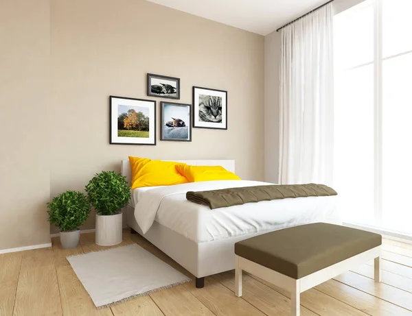 Idea Una Sala Estar Escandinava Blanca Interior Con Cama Suelo —  Fotos de Stock