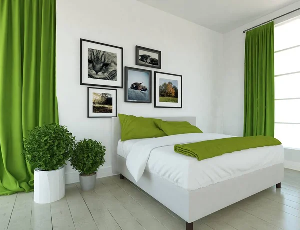 Bir Beyaz Skandinav Oturma Odası Yatak Bitkiler Ahşap Zemin Düşüncesi — Stok fotoğraf