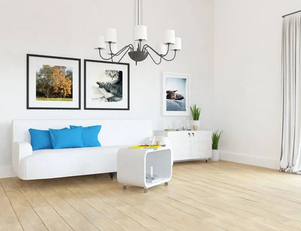 Idea White Scandinavian Living Room Interior Sofa Plants Wooden Floor — стоковое фото