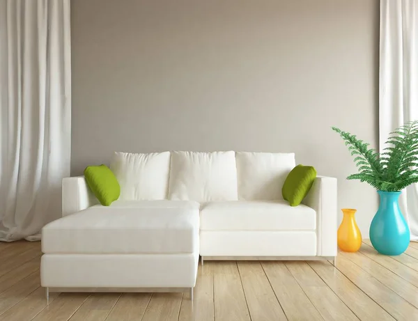 一个白色的斯堪的纳维亚客厅内部与沙发和植物的想法 家北欧内饰 — 图库照片