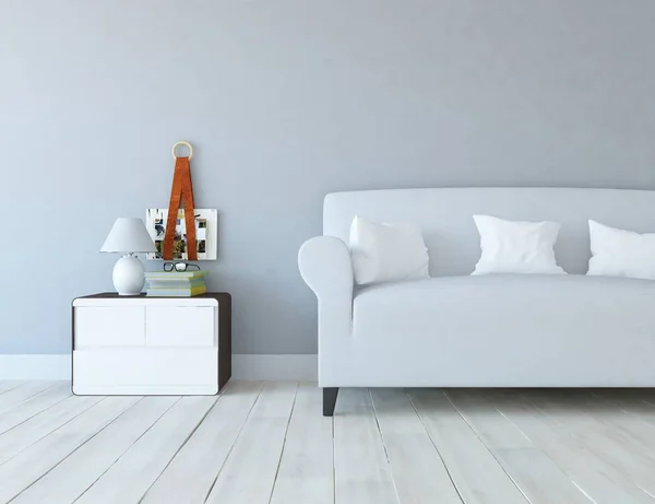 Idea Wnętrza Skandynawski Salon Sofą Drewnianą Podłogą Wystrojem Strona Główna — Zdjęcie stockowe