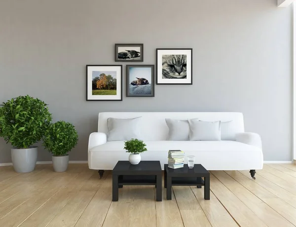 Ide Interior Ruang Tamu Skandinavia Putih Dengan Sofa Tanaman Dan — Stok Foto