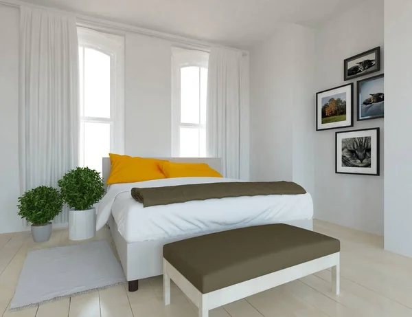 Bir Beyaz Skandinav Oturma Odası Yatak Bitkiler Ahşap Zemin Düşüncesi — Stok fotoğraf