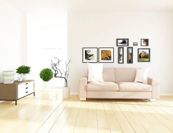 Idea Una Sala Estar Escandinava Blanca Interior Con Sofá Plantas —  Fotos de Stock