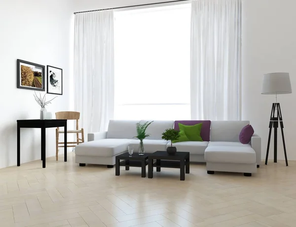 Představu Interiéru Bílého Skandinávského Obývacího Pokoje Pohovkou Rostliny Dřevěné Podlahy — Stock fotografie