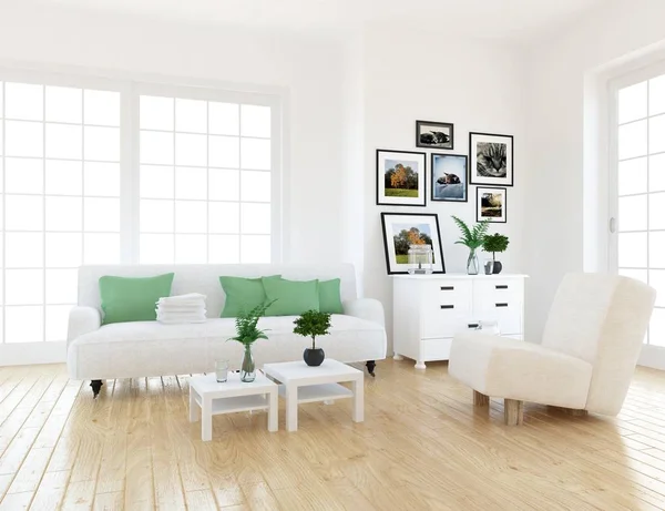 Idea Una Sala Estar Escandinava Blanca Interior Con Sofá Plantas —  Fotos de Stock