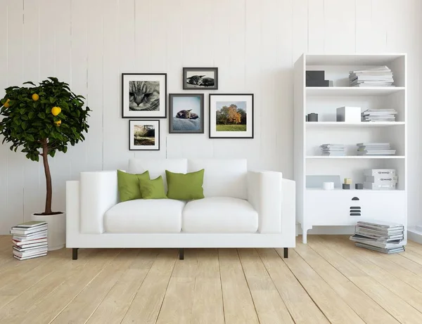 Bir beyaz İskandinav oturma odası iç kanepe ve bitki ile fikir. Ev nordic iç. 3D çizim 