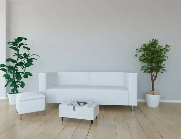 Idée Salon Scandinave Blanc Intérieur Avec Canapé Plantes Parquet Intérieur — Photo