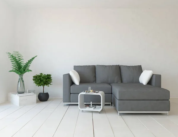 Bir Beyaz Skandinav Oturma Odası Kanepe Bitkiler Ahşap Zemin Ile — Stok fotoğraf