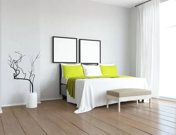 Idee Eines Weißen Skandinavischen Wohnzimmers Mit Bett Und Holzboden Heimat — Stockfoto