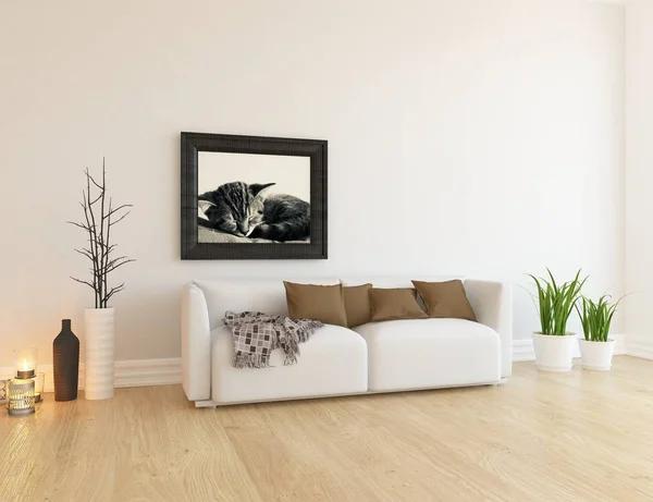 Představu Interiéru Bílého Skandinávského Obývacího Pokoje Pohovkou Rostliny Dřevěné Podlahy — Stock fotografie