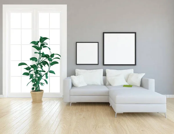 Ide Interior Ruang Tamu Skandinavia Putih Dengan Sofa Dan Tanaman — Stok Foto