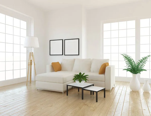 Idea Una Sala Estar Escandinava Blanca Interior Con Sofá Plantas — Foto de Stock