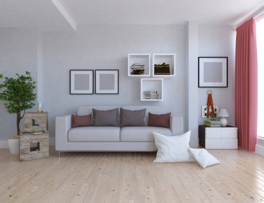 Bir beyaz İskandinav oturma odası iç kanepe ve bitki ile fikir. Ev nordic iç. 3D çizim 