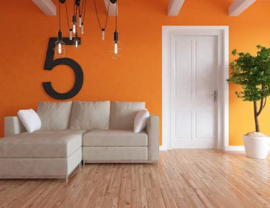 İskandinav oturma odası iç kanepe, bitki ve ahşap zemin ile fikir. Ev nordic iç. 3D çizim 