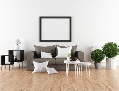 Bir İskandinav oturma odası iç kanepe, bitkiler ve ahşap zemin ile fikir. Ev nordic iç. 3D çizim 